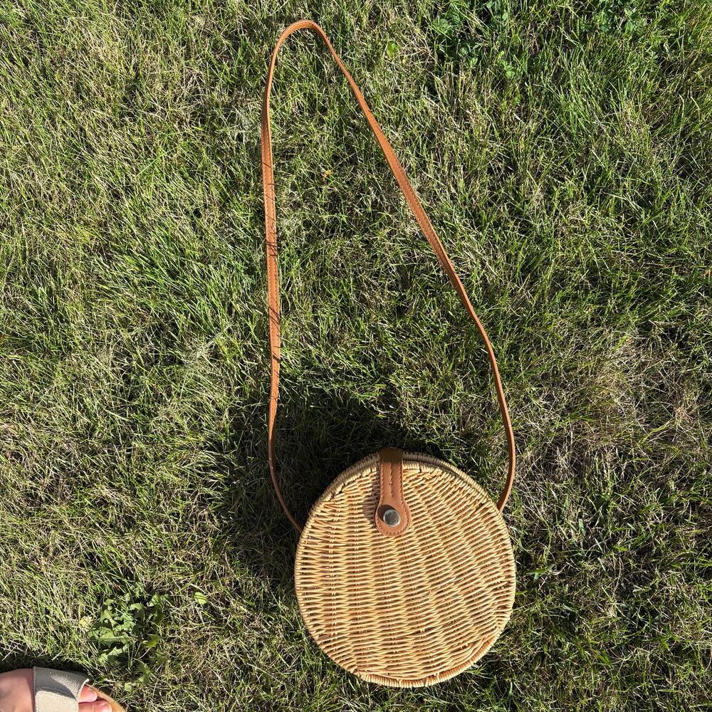 Zara Women’s Round Wicker Bag with Brown Leather Strap